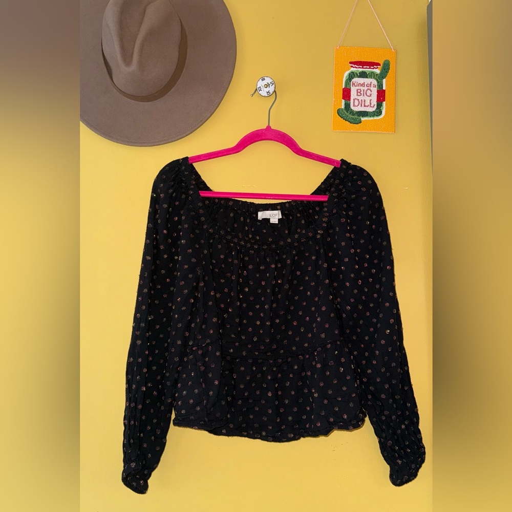 LOFT Black Square-Neck Puff Sleeve Blouse